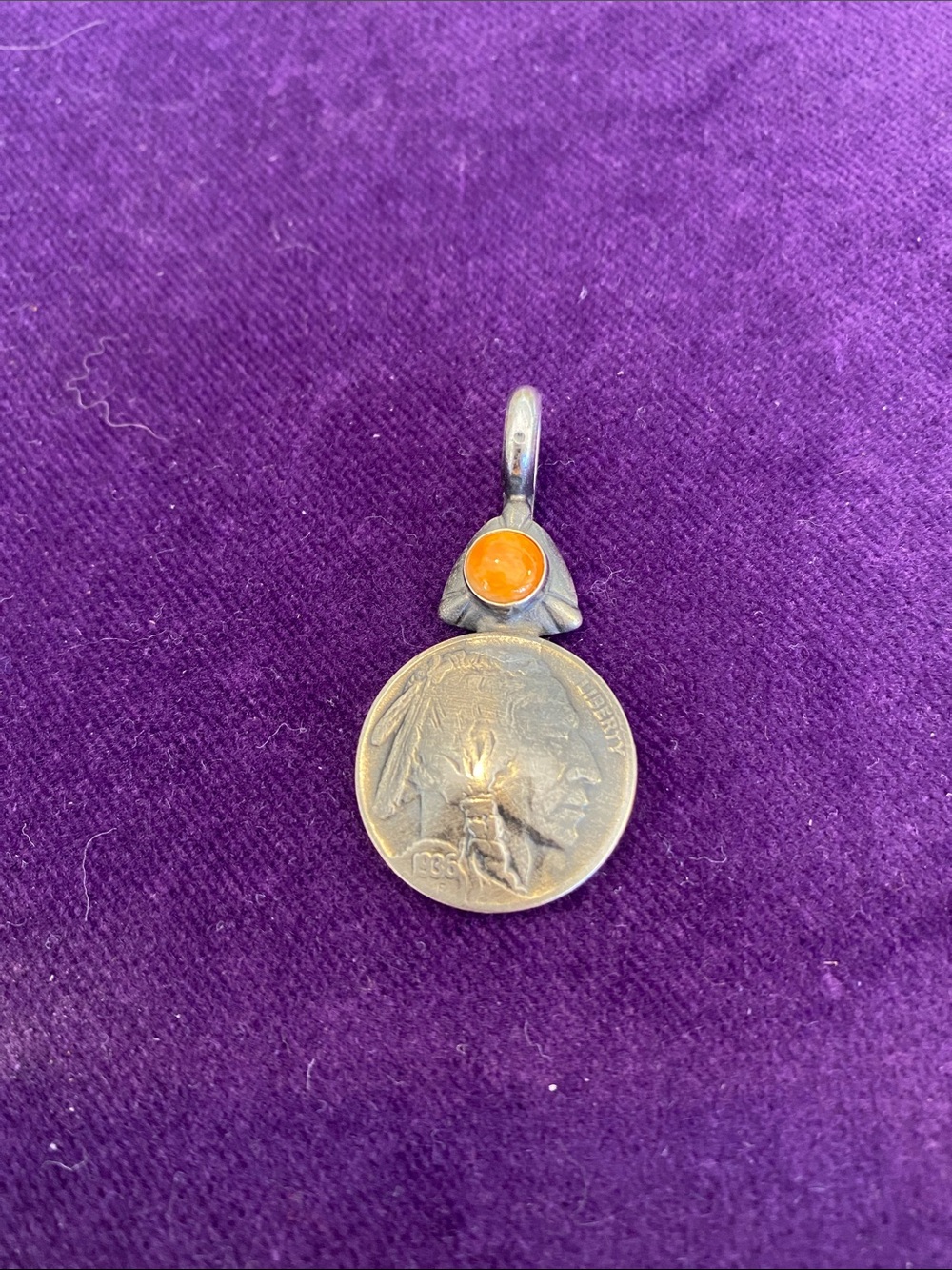 Orange Stone Buffalo Nickel Pendant - Women's Silver Tone Jewelry